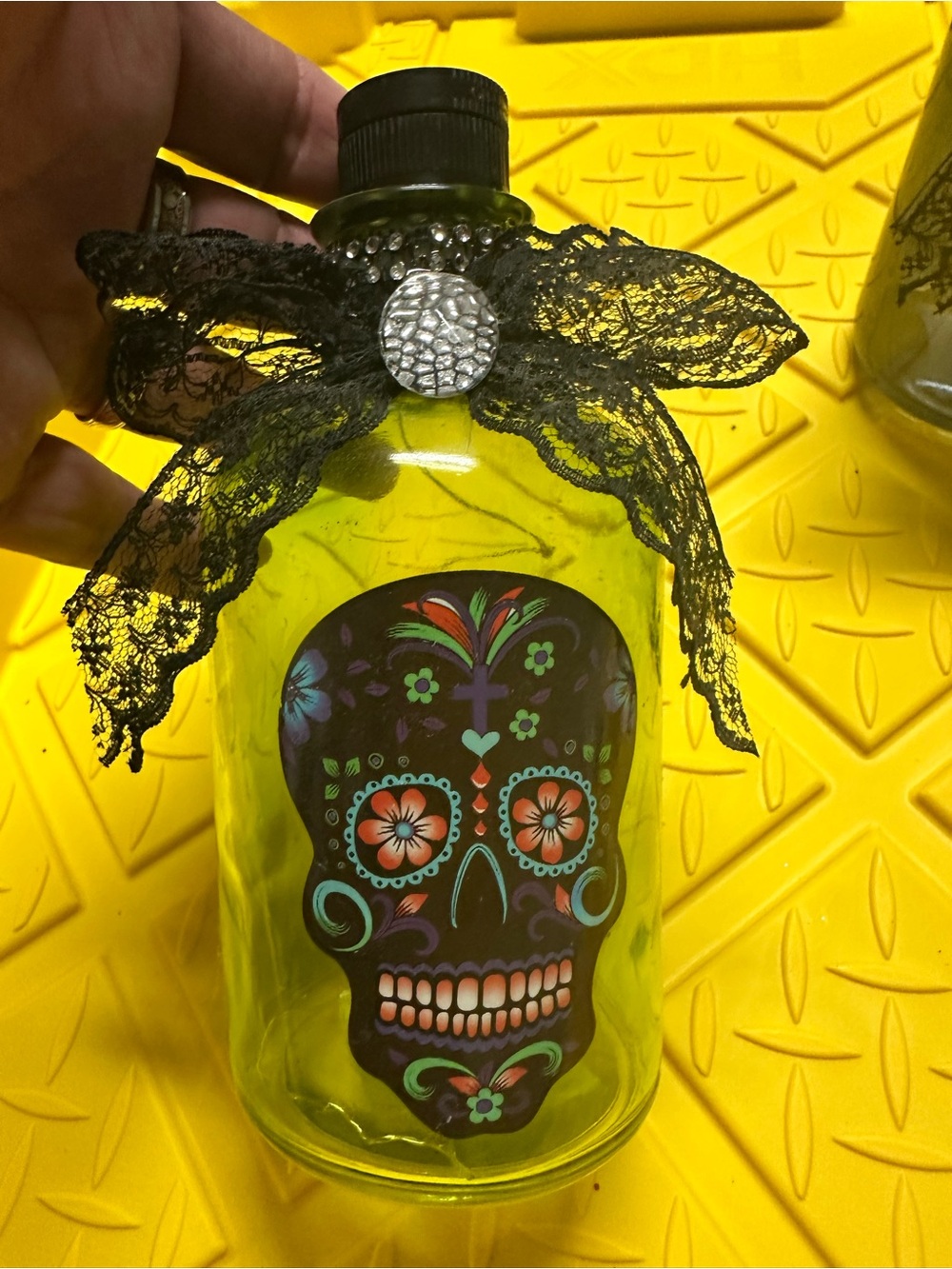 Halloween Decor Lighted Glass Day of the Dead Jar w/ Lace Bow Accent